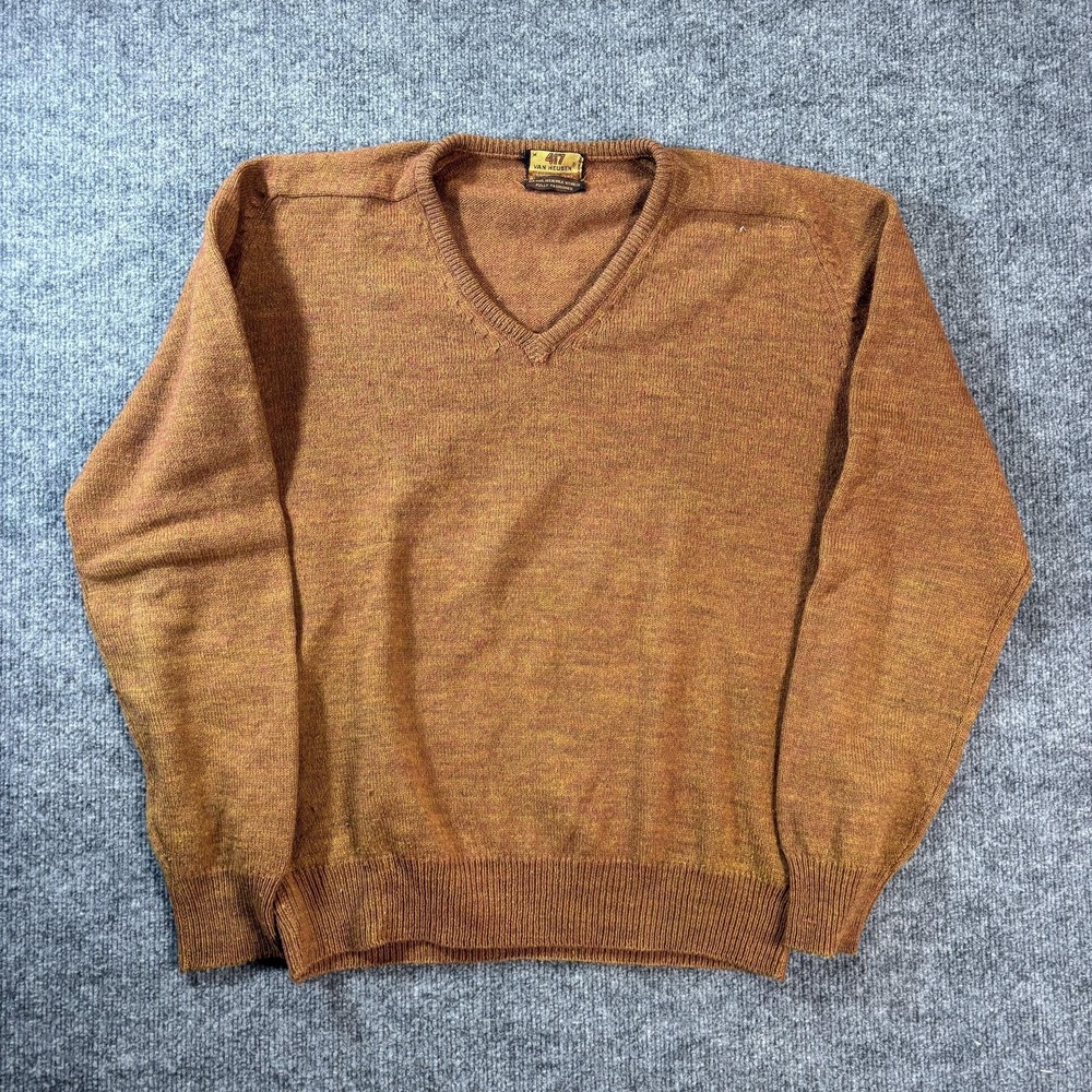 Vintage Van Heusen Sweater Mens Medium Brown Wool V Neck Knit Pullover Hong Kong